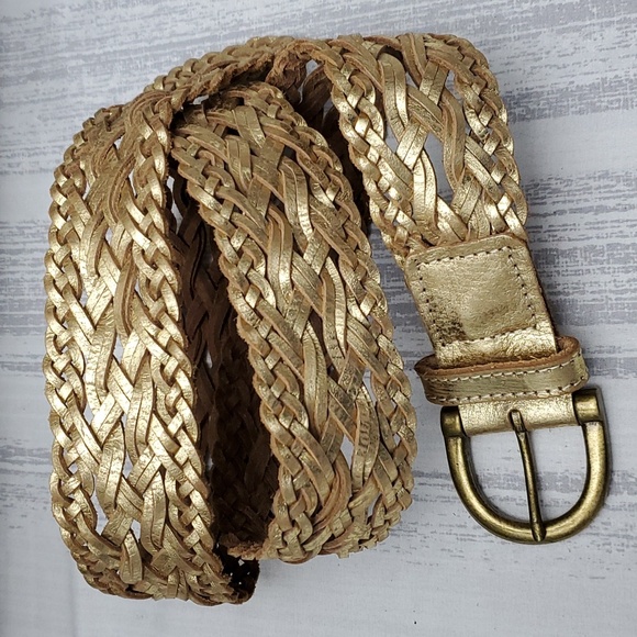 Woven Leather Belt - Metallic Gold Tone Sz Large by Calvin Klein - Picture 1 of 16